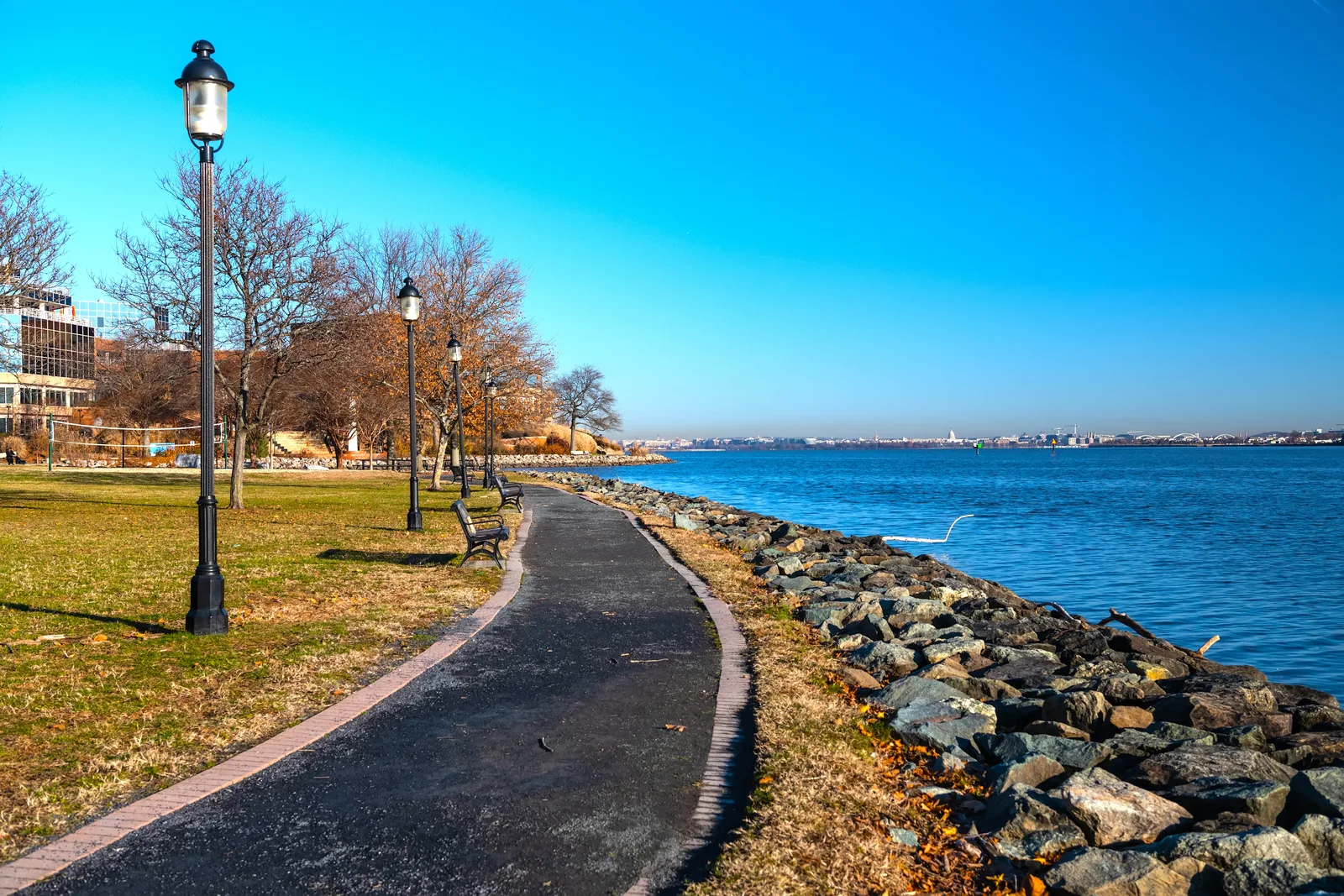 A scenic waterfront park pathway in Fairfax County, Virginia, illustrating municipal park authority infrastructure.