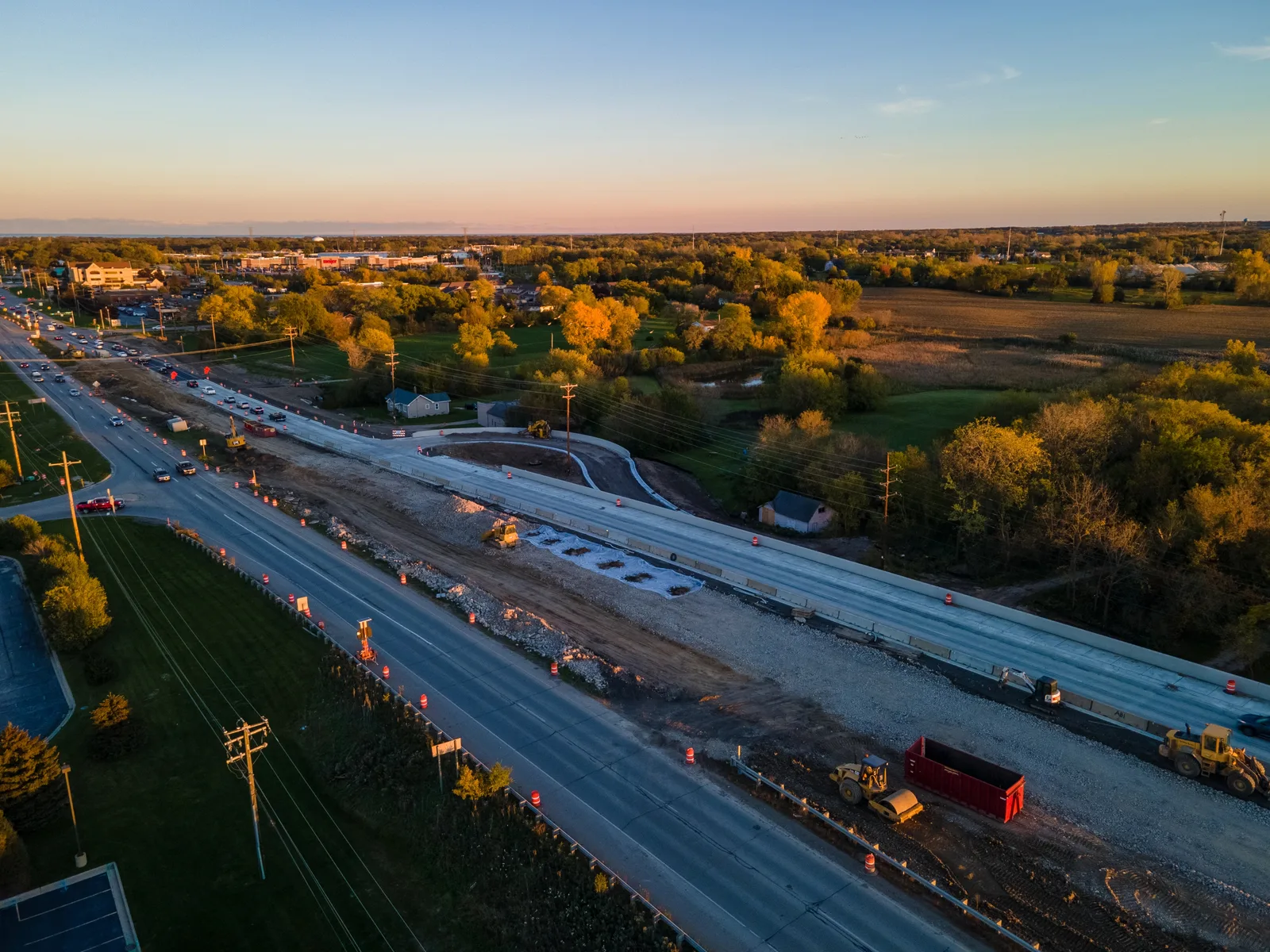 An aerial view of a Kenosha road construction site highlighting local civil infrastructure
