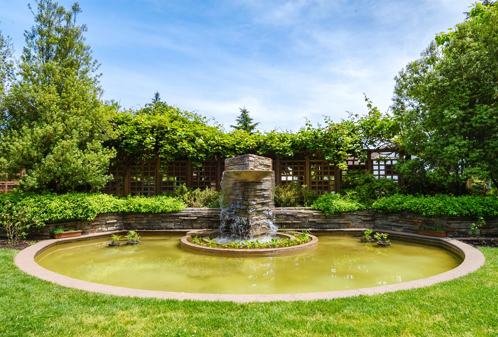 Circular fountain pool with a stacked-stone water feature, surrounded by lawn, shrubs and a vine-covered trellis