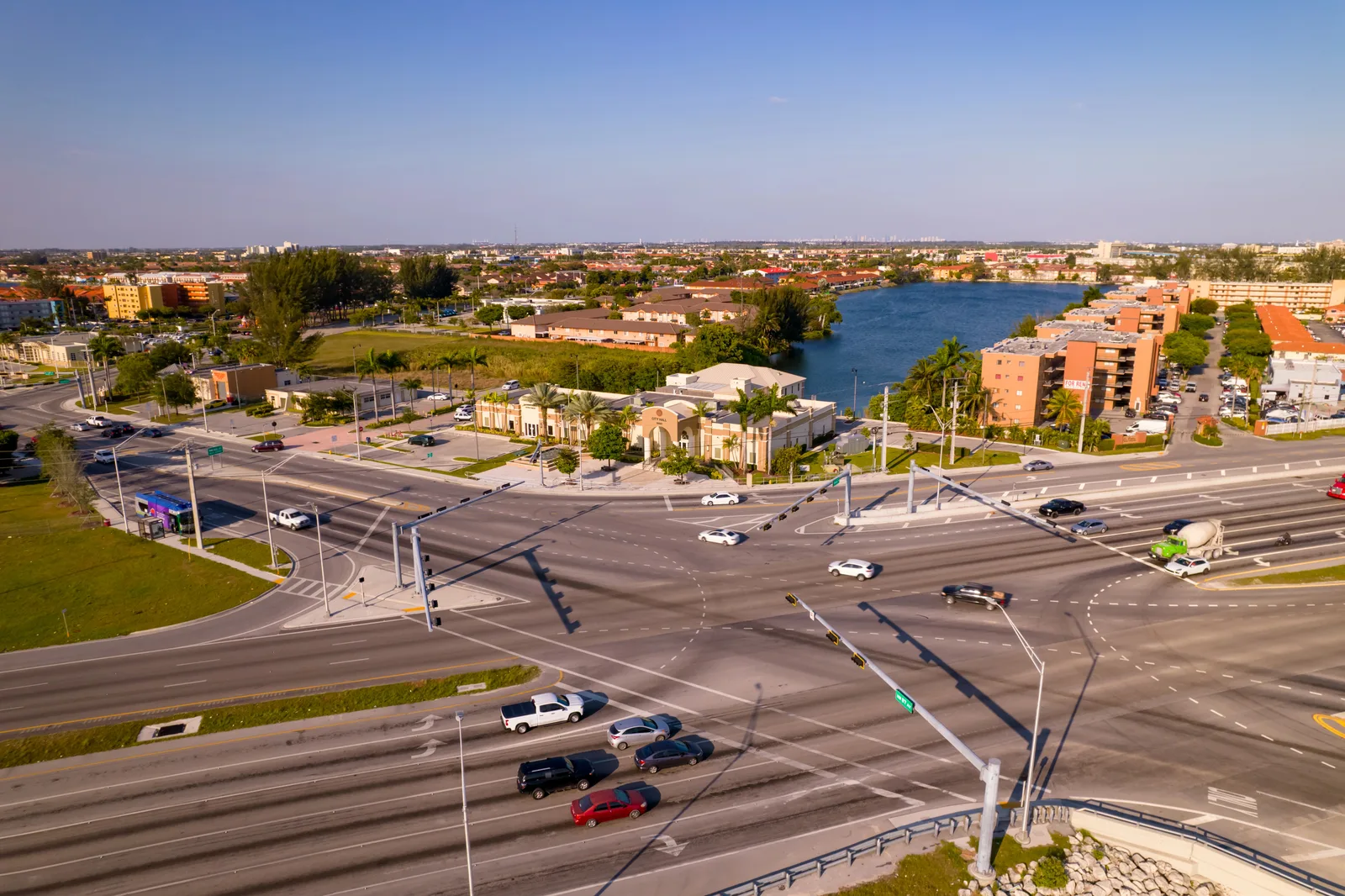 An aerial view of a Hialeah roadway intersection displaying municipal street infrastructure.