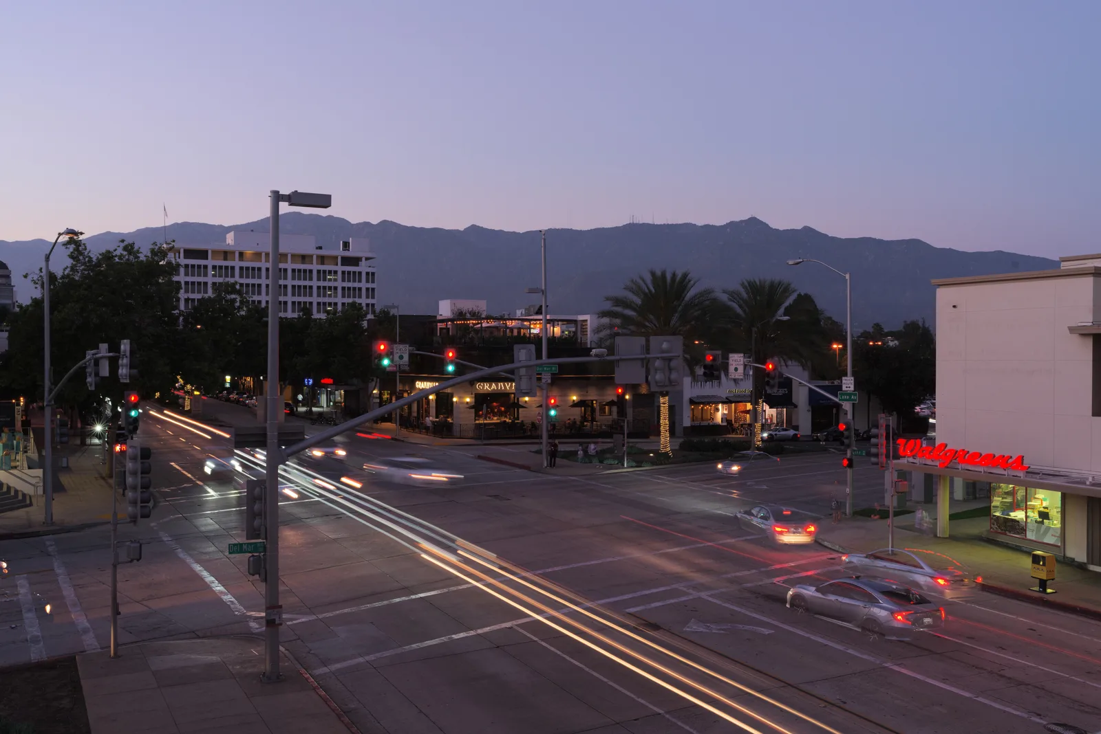 An illuminated Pasadena intersection showcasing the city's investments in streetscapes and electric infrastructure.